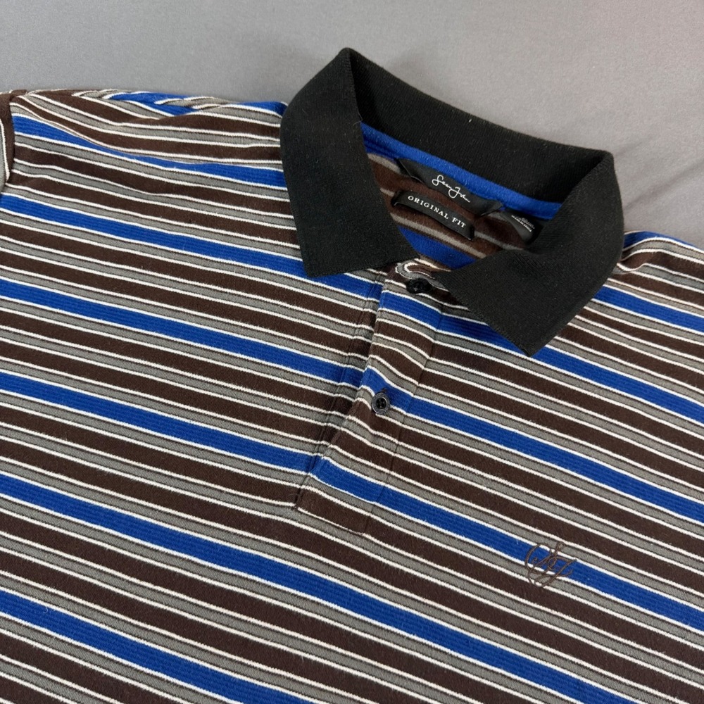 Sean John Mens XL Polo Shirt Striped Blue Brown Y2K Streetwear Baggy Fit